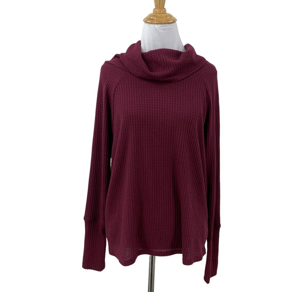 Bobeau Thermal Top Womens XS Extra Small Wine Red Cowl Neck Waffle Knit Raglan